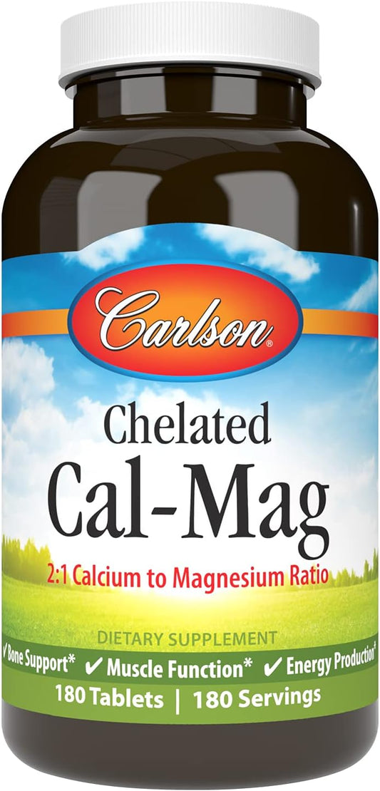 Carlson Chelated Cal-Mag Tablets, 2:1 Calcium to Magnesium Ratio for Bone and Muscle Health, 180 Count
