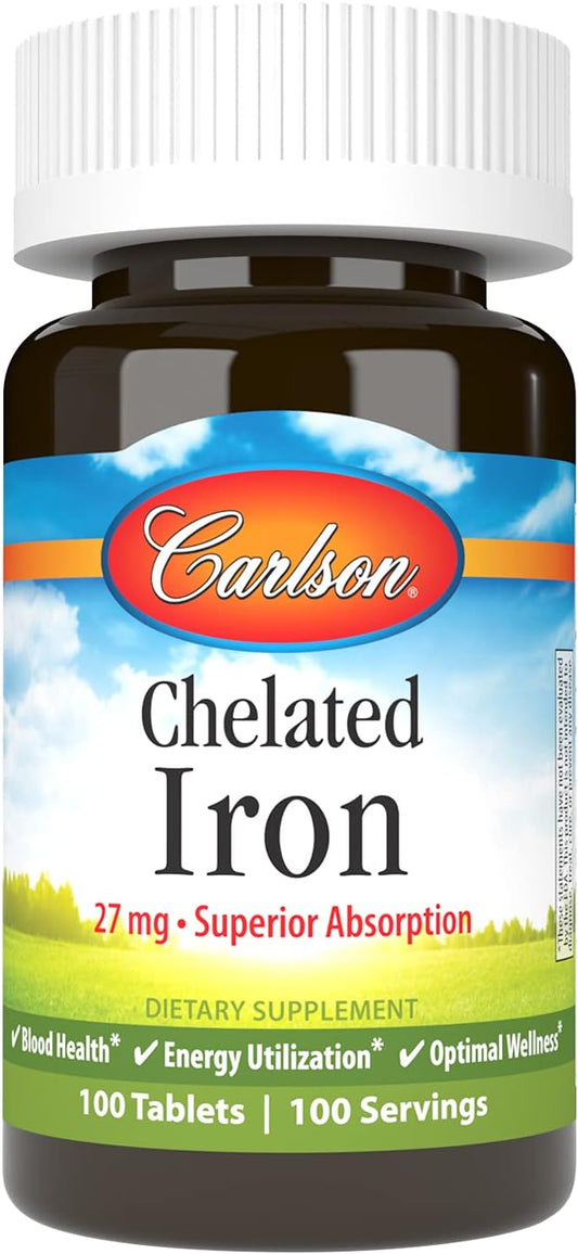 Carlson Chelated Iron 27mg Tablets for Blood Health & Energy - Superior Absorption for Wellness