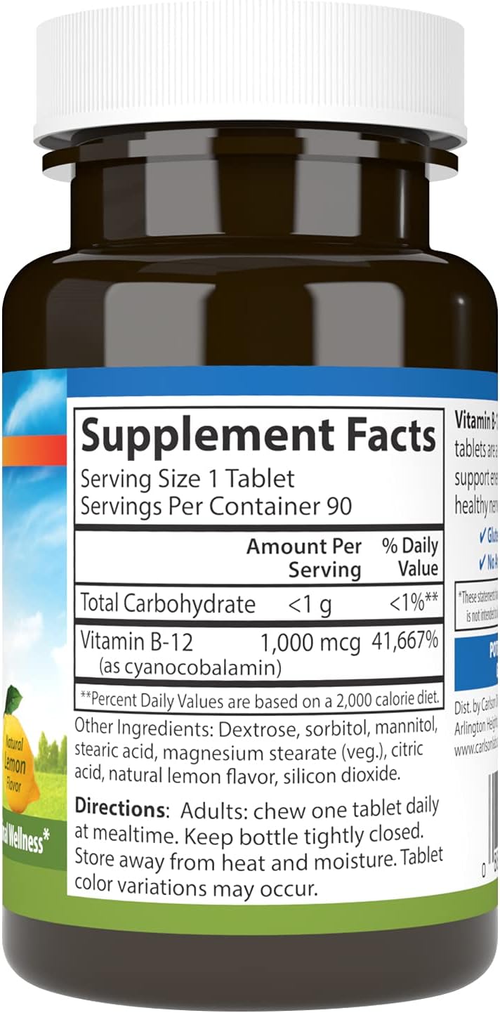 Carlson Chewable B-12 1000 mcg Tablets for Energy & Nerve Function, Lemon Flavor, 90 Count, Optimal Wellness Supplement
