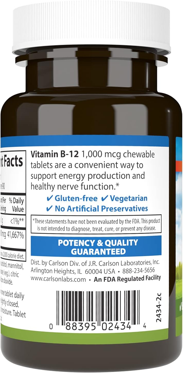 Carlson Chewable B-12 1000 mcg Tablets for Energy & Nerve Function, Lemon Flavor, 90 Count, Optimal Wellness Supplement