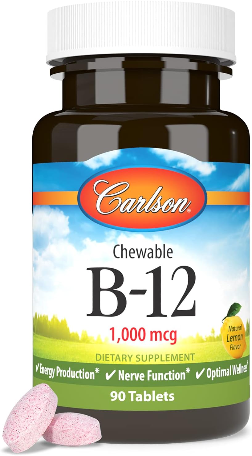 Carlson Chewable B-12 1000 mcg Tablets for Energy & Nerve Function, Lemon Flavor, 90 Count, Optimal Wellness Supplement