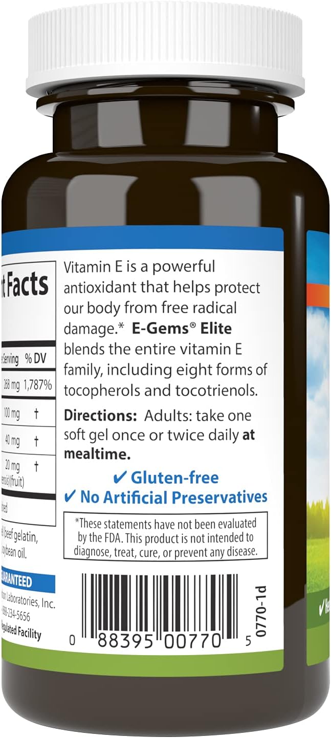 Carlson E-Gems Elite Vitamin E Soft Gels - 400 IU with Tocopherols & Tocotrienols for Heart Health & Antioxidant Support - 60 Count