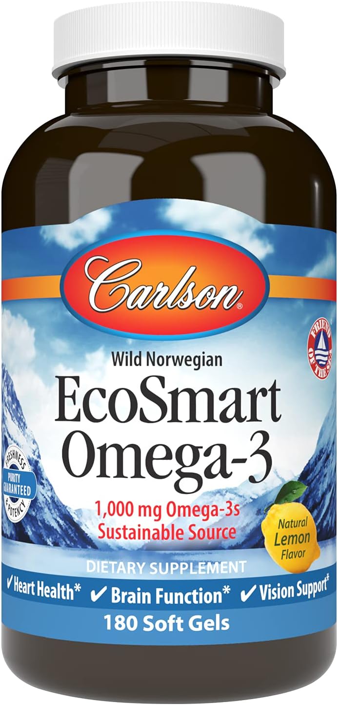 Carlson EcoSmart Omega-3 Softgels - 1000 mg Omega-3s for Heart, Brain, & Vision - Sustainable Source - Lemon Flavor - 180 Count