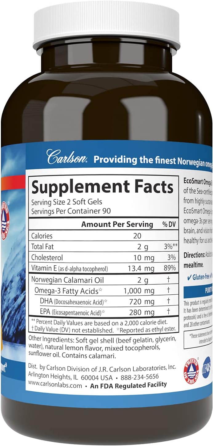 Carlson EcoSmart Omega-3 Softgels - 1000 mg Omega-3s for Heart, Brain, & Vision - Sustainable Source - Lemon Flavor - 180 Count
