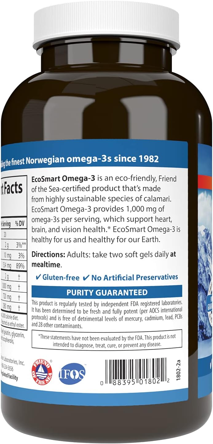 Carlson EcoSmart Omega-3 Softgels - 1000 mg Omega-3s for Heart, Brain, & Vision - Sustainable Source - Lemon Flavor - 180 Count