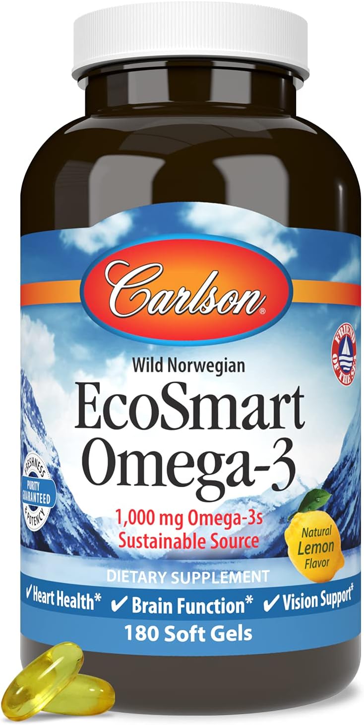 Carlson EcoSmart Omega-3 Softgels - 1000 mg Omega-3s for Heart, Brain, & Vision - Sustainable Source - Lemon Flavor - 180 Count