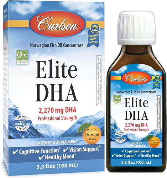 Carlson Elite DHA Norwegian Fish Oil Concentrate, 2270 mg DHA, Professional Strength, Cognitive & Vision Support, Orange, 100 mL