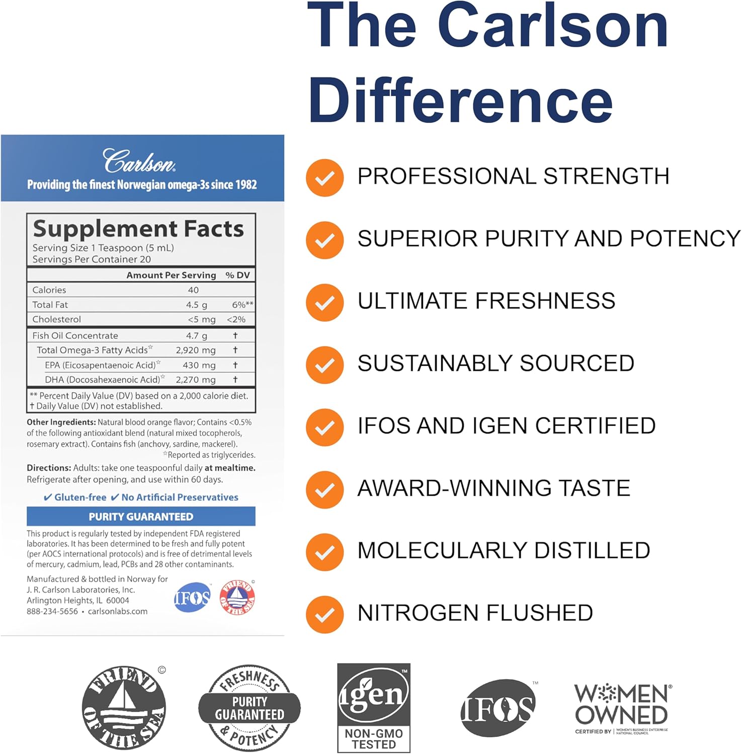 Carlson Elite DHA Norwegian Fish Oil Concentrate, 2270 mg DHA, Professional Strength, Cognitive & Vision Support, Orange, 100 mL