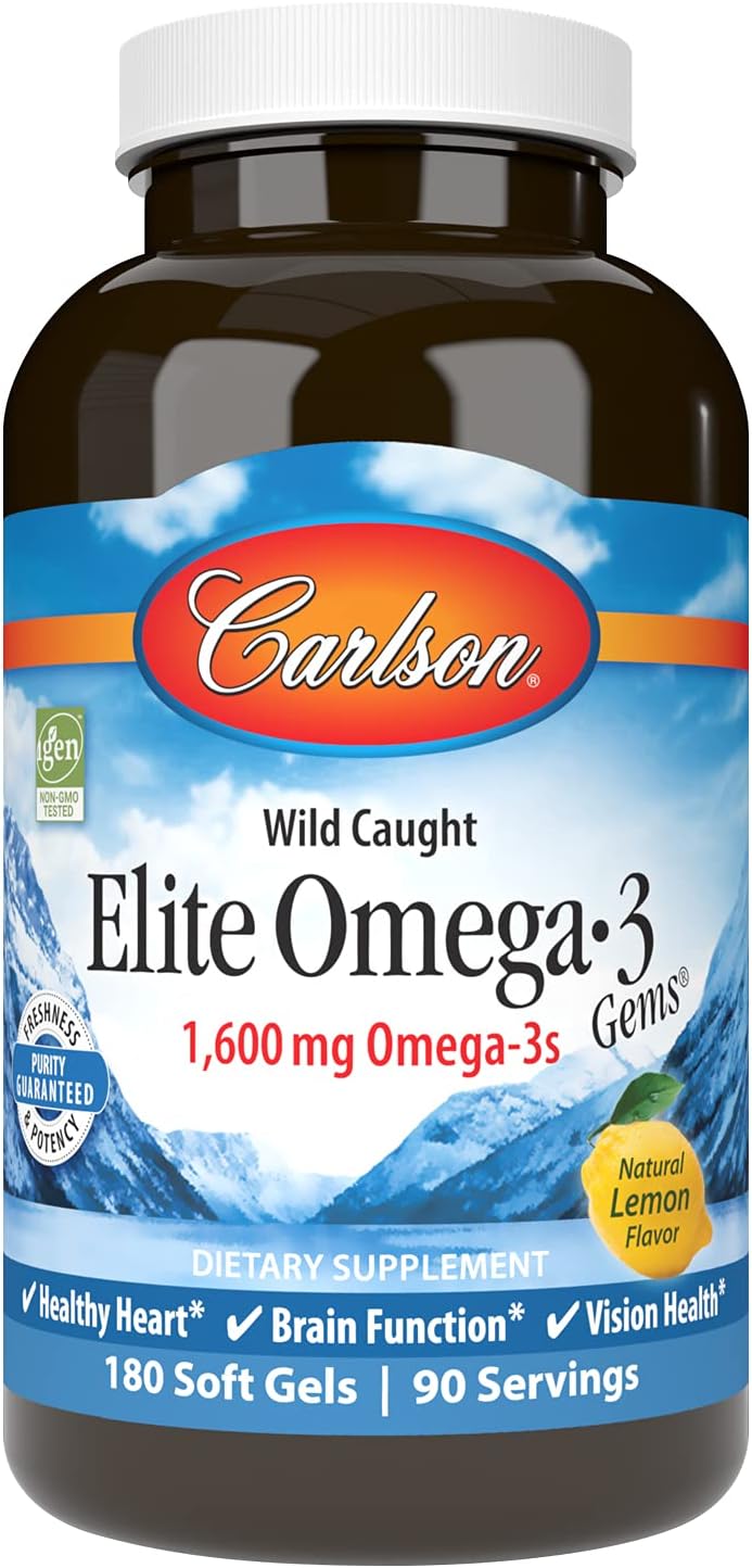 Carlson Elite Omega-3 Gems 1600mg Soft Gels for Heart, Brain, and Vision Support, Wild Caught Orange - 180 Count