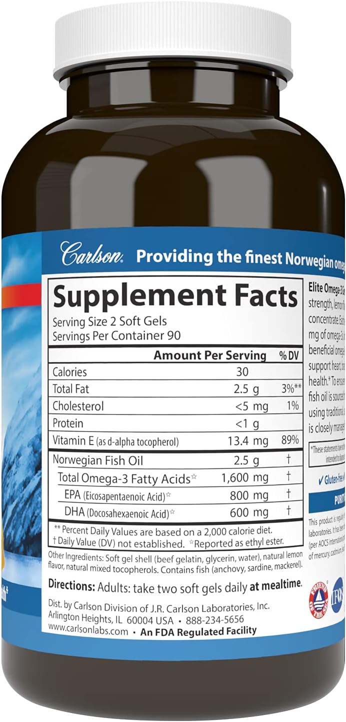 Carlson Elite Omega-3 Gems 1600mg Soft Gels for Heart, Brain, and Vision Support, Wild Caught Orange - 180 Count