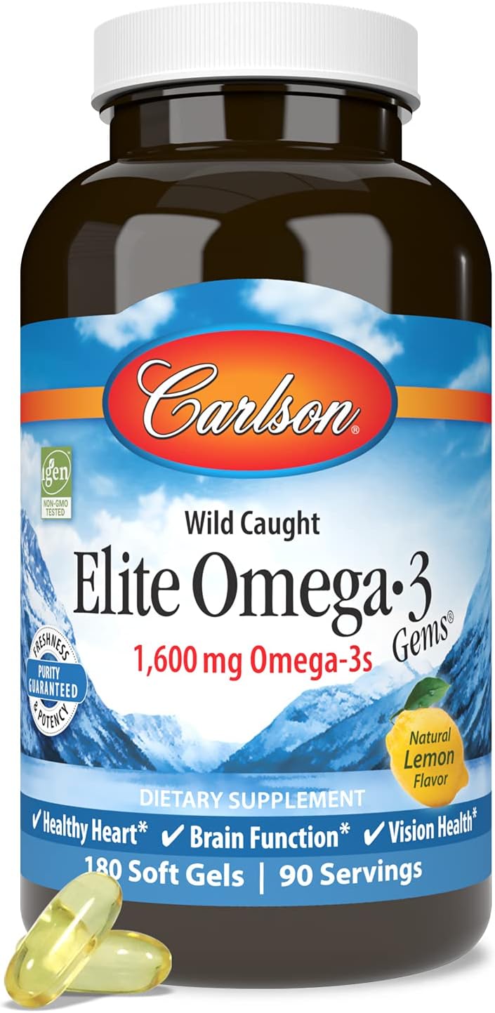 Carlson Elite Omega-3 Gems 1600mg Soft Gels for Heart, Brain, and Vision Support, Wild Caught Orange - 180 Count