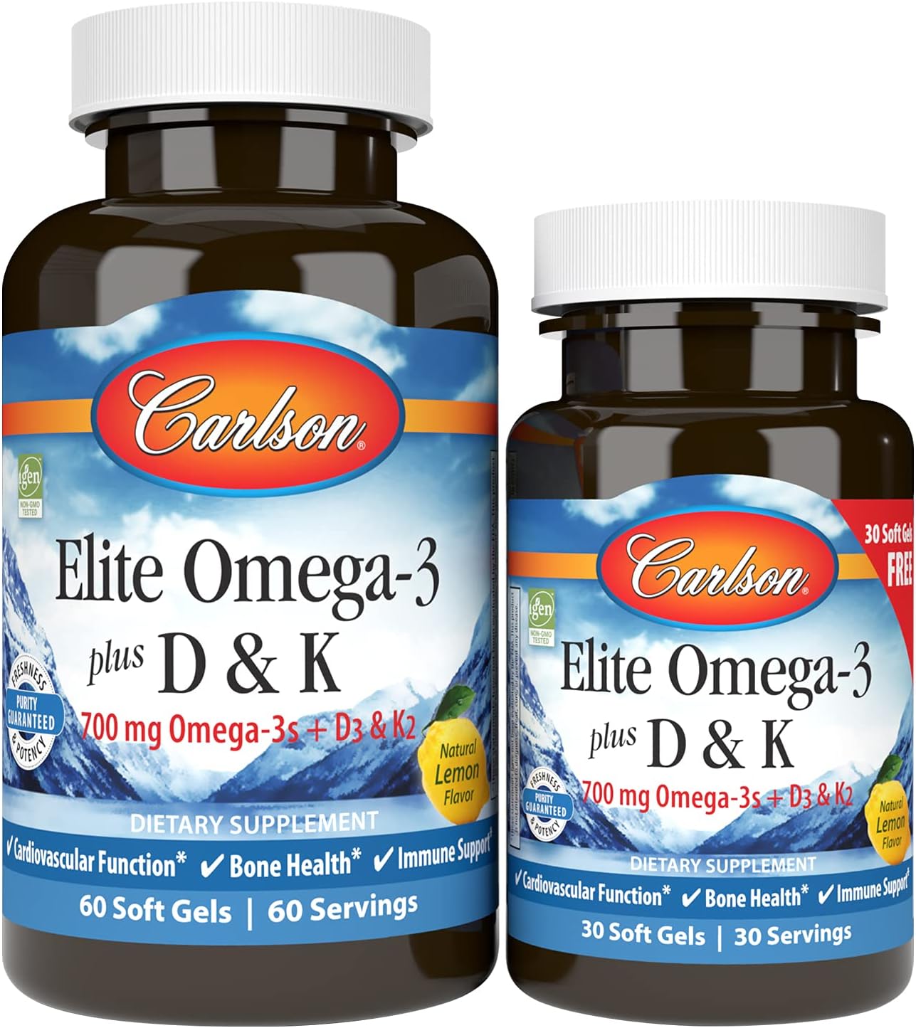 Carlson Elite Omega-3 Plus D & K Softgels, 700mg Omega-3s, D3 & K2, Bone & Immune Health, 90 Count, Lemon Flavor