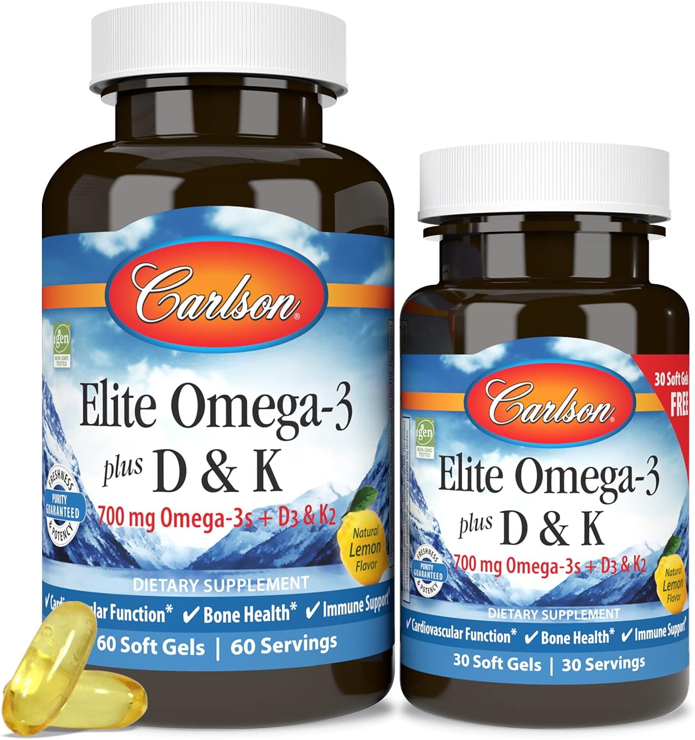 Carlson Elite Omega-3 Plus D & K Softgels, 700mg Omega-3s, D3 & K2, Bone & Immune Health, 90 Count, Lemon Flavor