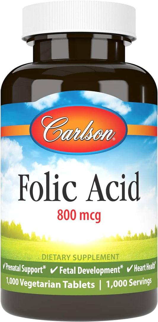 Carlson Folic Acid 800 mcg Tablets for Essential Prenatal Support - 1000 Count
