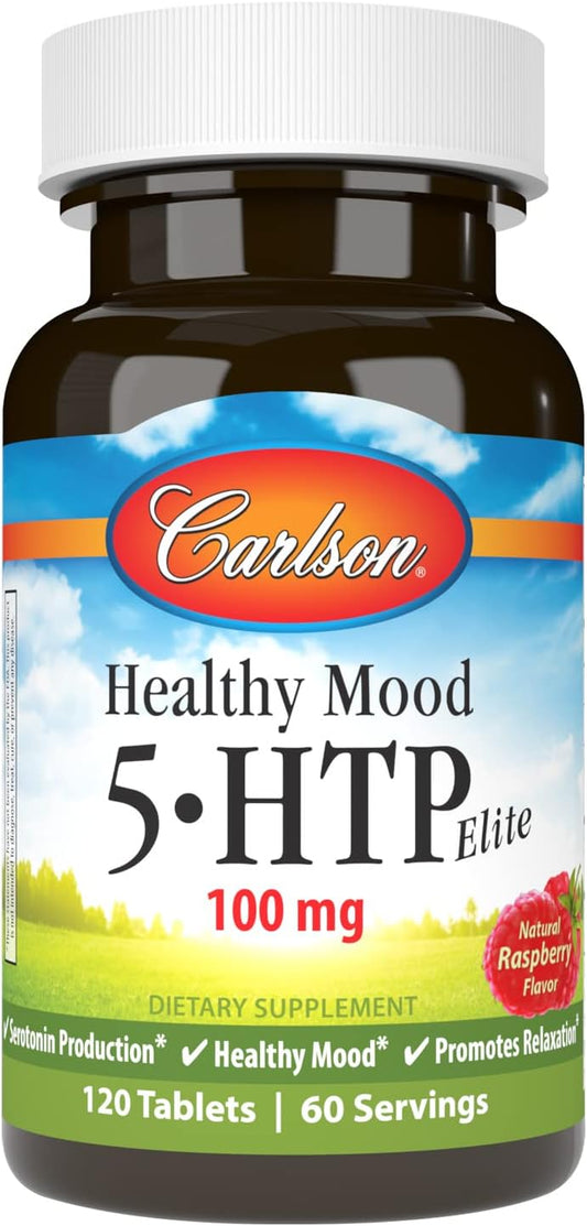Carlson Healthy Mood 5-HTP Elite 100 mg Tablets, Raspberry Flavor, Serotonin Production & Relaxation
