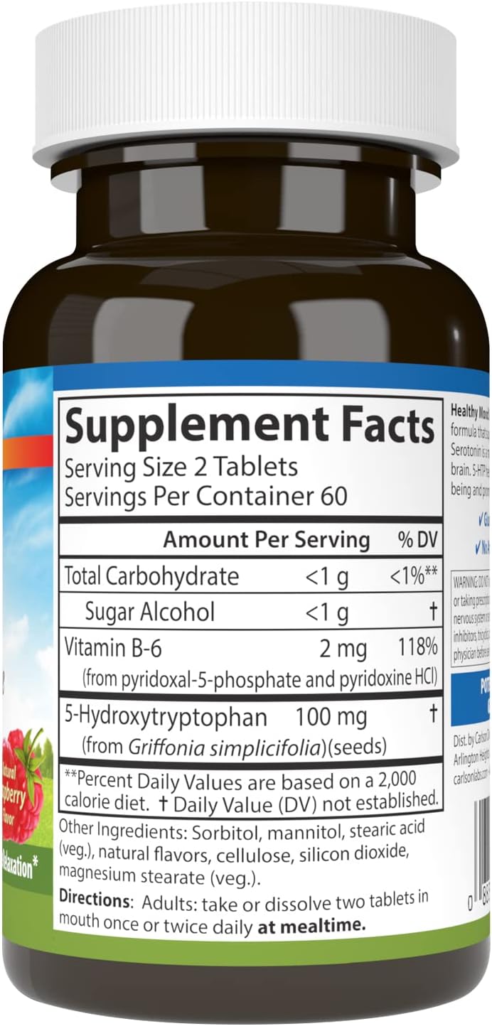 Carlson Healthy Mood 5-HTP Elite 100 mg Tablets, Raspberry Flavor, Serotonin Production & Relaxation