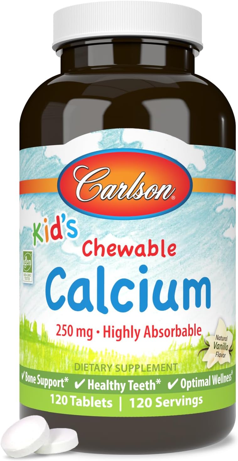 Carlson Kid's Chewable Calcium Tablets - 250 mg, Vanilla Flavor, Bone & Teeth Support, Highly Absorbable for Optimal Wellness - 120 Count