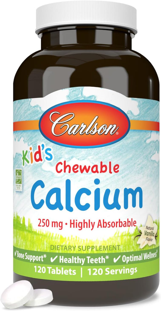 Carlson Kid's Chewable Calcium Tablets - 250 mg, Vanilla Flavor, Bone & Teeth Support, Highly Absorbable for Optimal Wellness - 120 Count