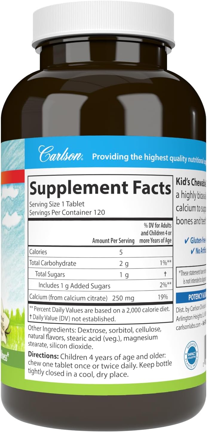 Carlson Kid's Chewable Calcium Tablets - 250 mg, Vanilla Flavor, Bone & Teeth Support, Highly Absorbable for Optimal Wellness - 120 Count