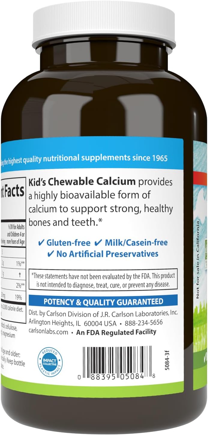 Carlson Kid's Chewable Calcium Tablets - 250 mg, Vanilla Flavor, Bone & Teeth Support, Highly Absorbable for Optimal Wellness - 120 Count