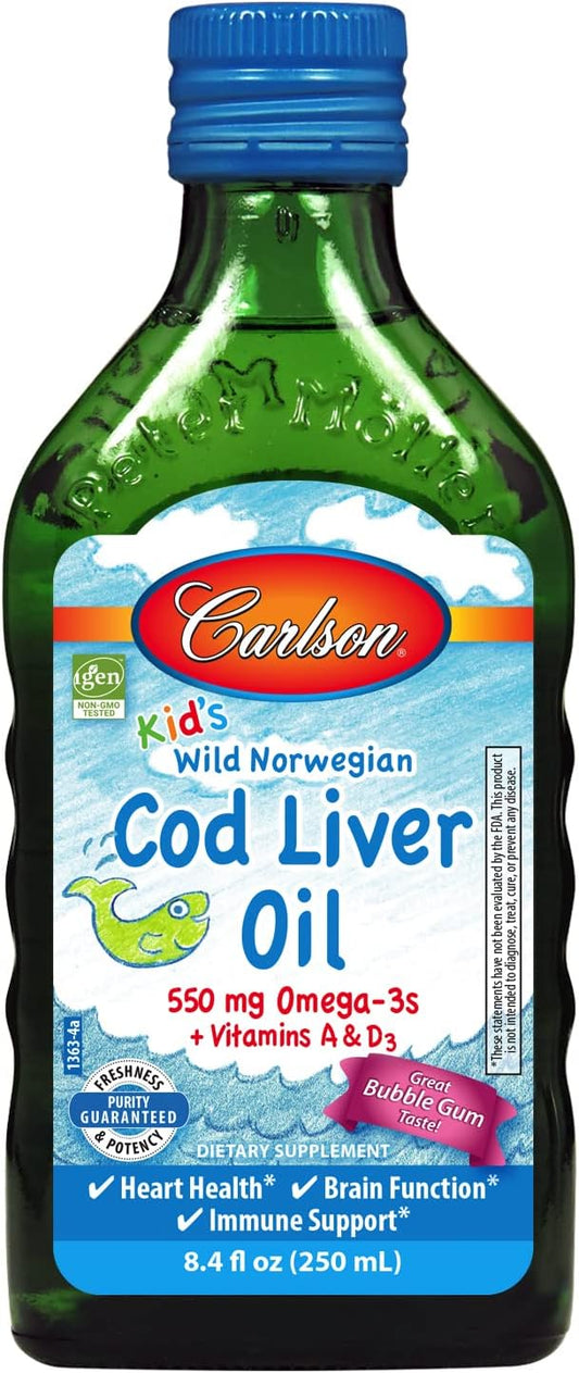 Carlson Kid's Cod Liver Oil: 550mg Omega-3s, Vitamins A & D3, Wild Norwegian, Bubble Gum Flavor, 250mL