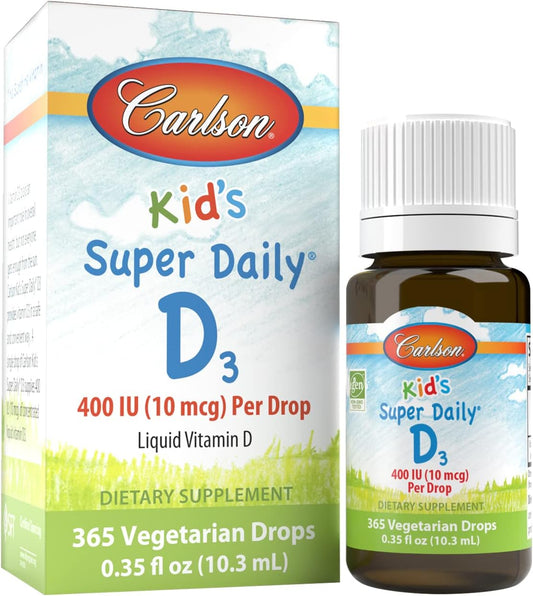 Carlson Kid's Super Daily D3 Vitamin Drops for Heart Health and Immune Support, 400 IU per Drop, Vegetarian Liquid Supplement with 365 Drops