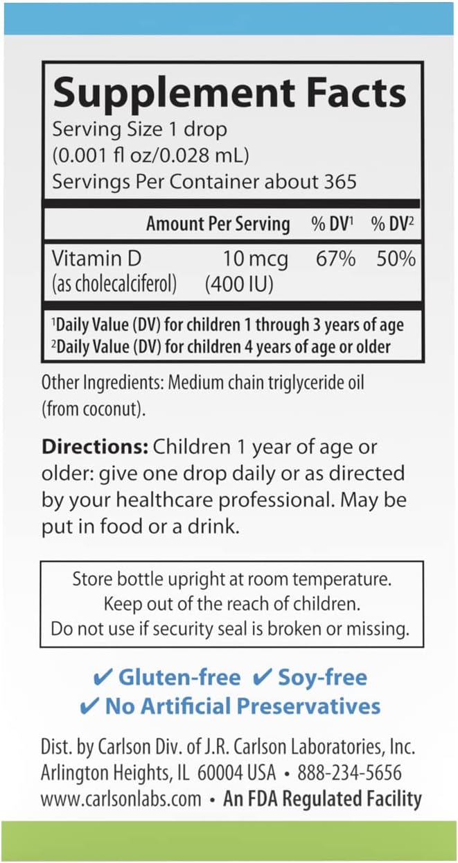 Carlson Kid's Super Daily D3 Vitamin Drops for Heart Health and Immune Support, 400 IU per Drop, Vegetarian Liquid Supplement with 365 Drops
