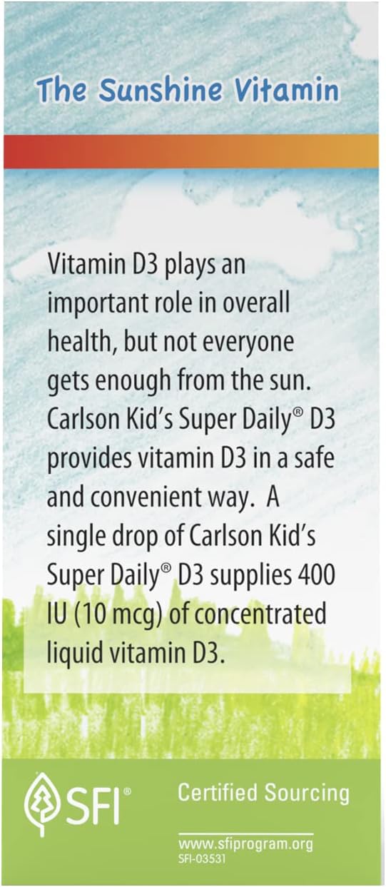 Carlson Kid's Super Daily D3 Vitamin Drops for Heart Health and Immune Support, 400 IU per Drop, Vegetarian Liquid Supplement with 365 Drops