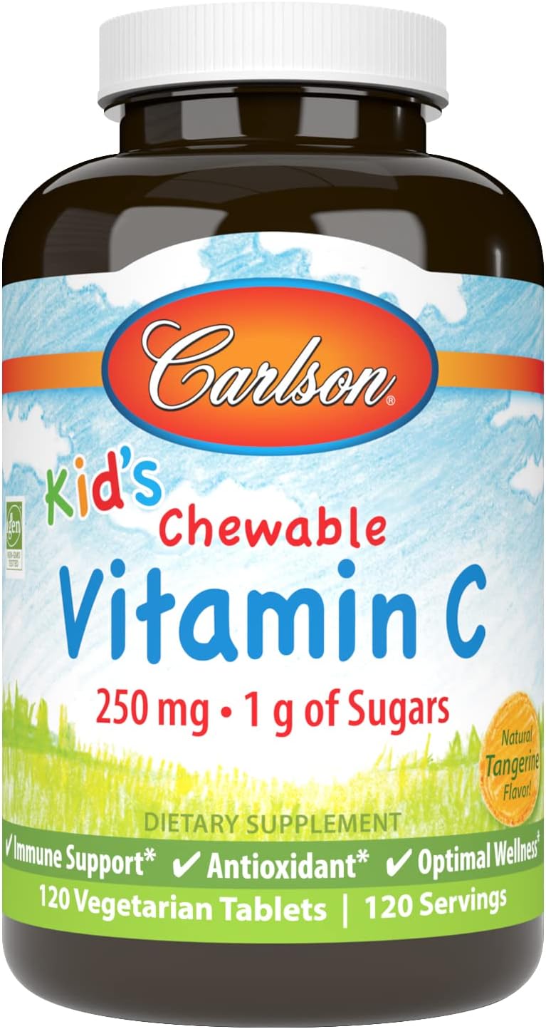 Carlson Kid's Tangerine Chewable Vitamin C Tablets - 250mg, 1g Sugars, Immune Support & Antioxidant - 120 Vegetarian Tablets