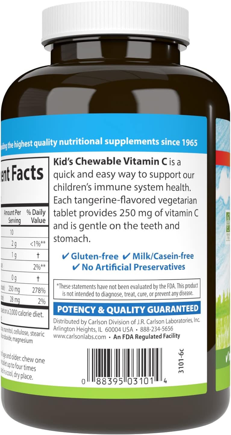 Carlson Kid's Tangerine Chewable Vitamin C Tablets - 250mg, 1g Sugars, Immune Support & Antioxidant - 120 Vegetarian Tablets