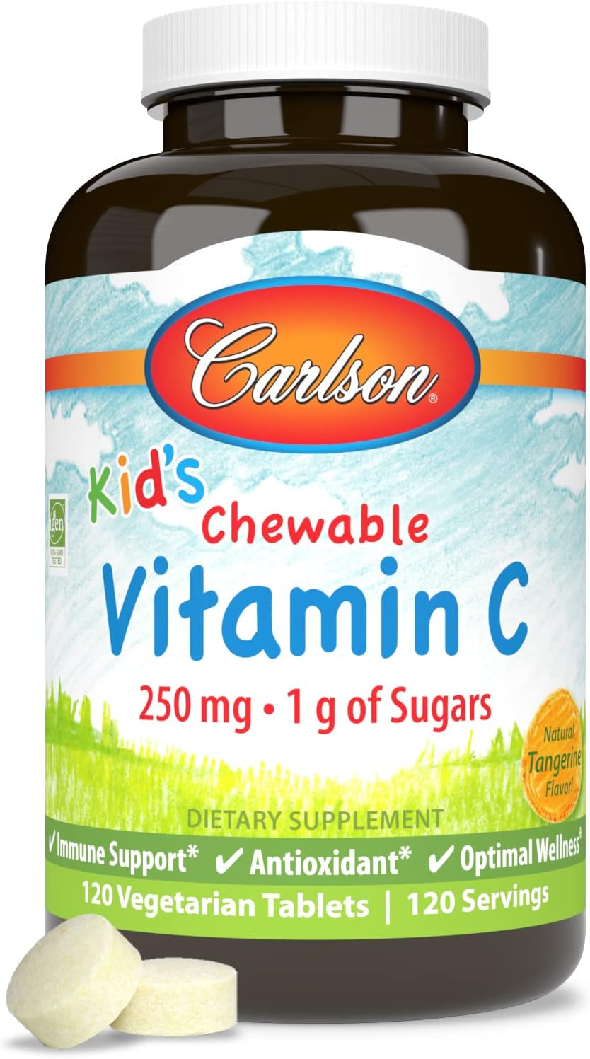Carlson Kid's Tangerine Chewable Vitamin C Tablets - 250mg, 1g Sugars, Immune Support & Antioxidant - 120 Vegetarian Tablets