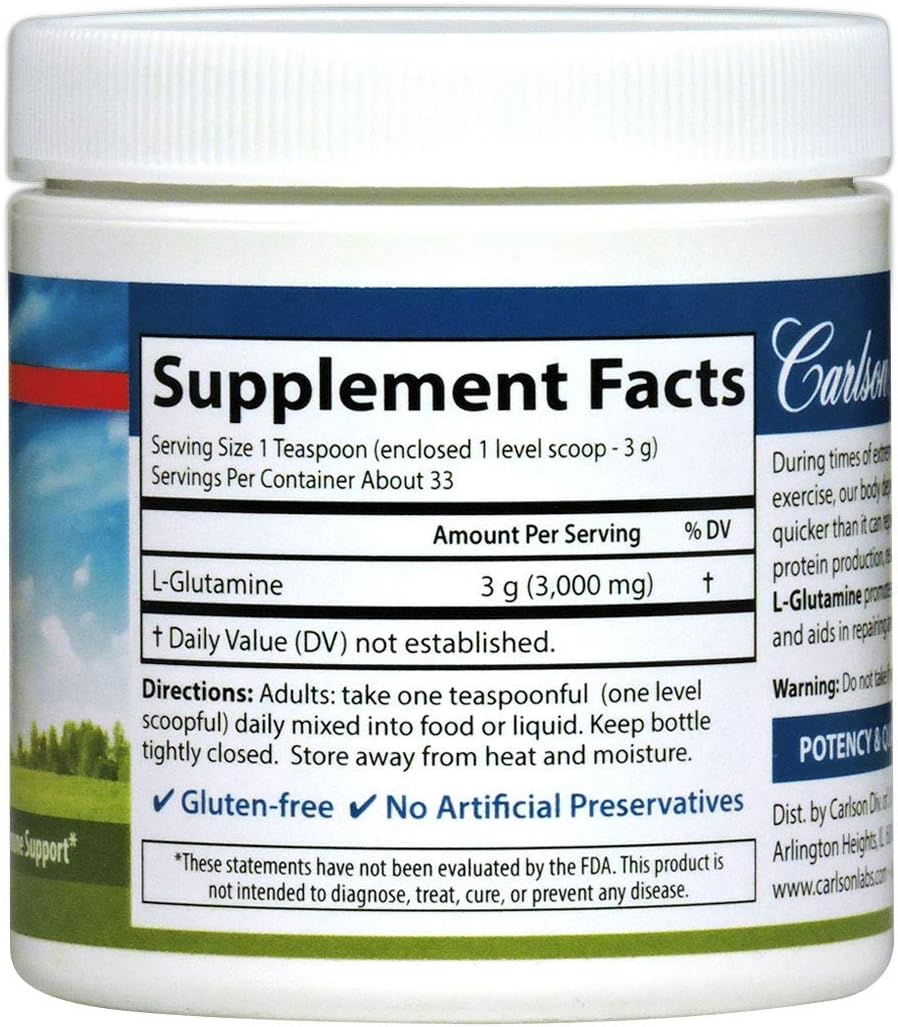 Carlson L-Glutamine Powder 3g - Free-Form Amino Acid for Muscle Tissue & Immune Support - 3.53 oz