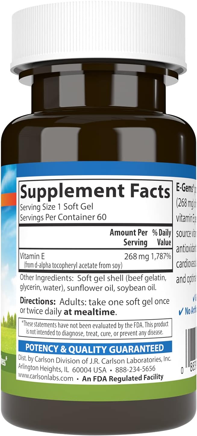 Carlson Labs E-Gems Natural Vitamin E Softgels - 400 IU, 60 Count