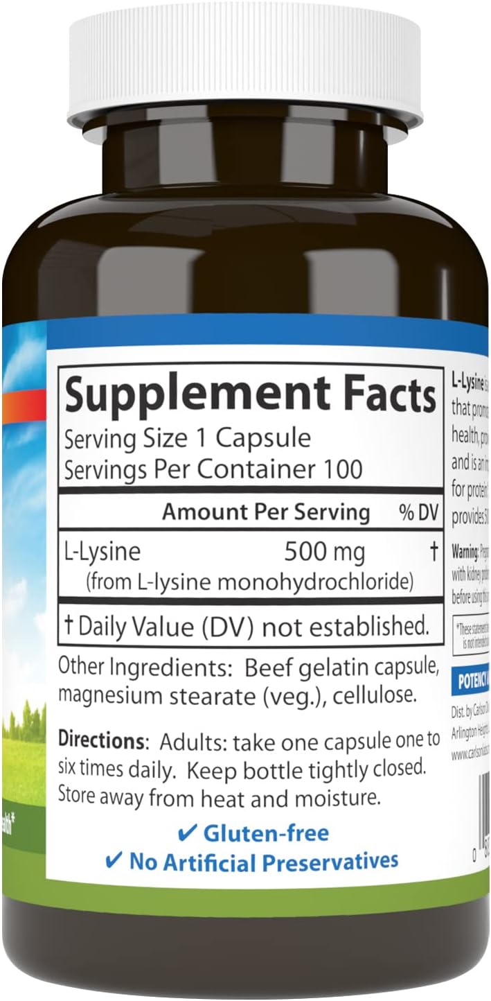 Carlson Labs L-Lysine 500mg Capsules - Essential Amino Acid Supplement
