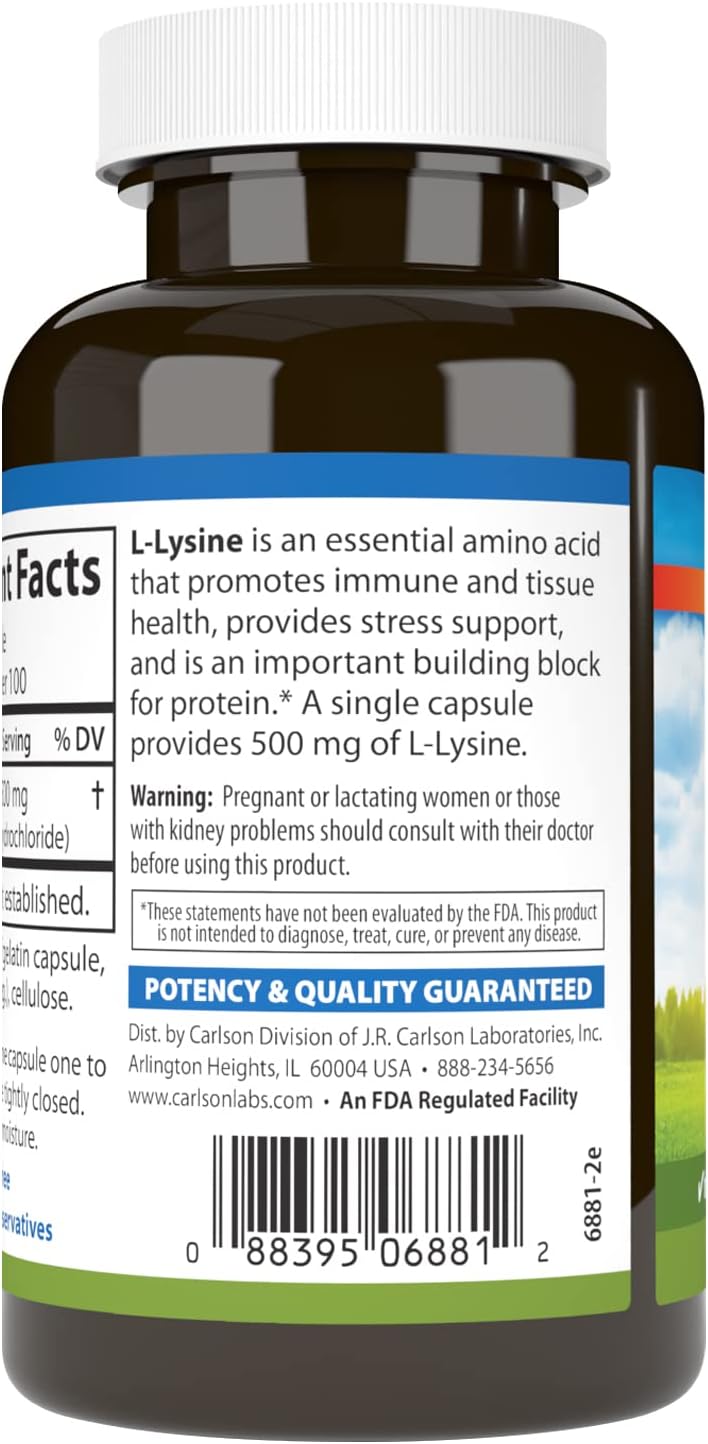 Carlson Labs L-Lysine 500mg Capsules - Essential Amino Acid Supplement