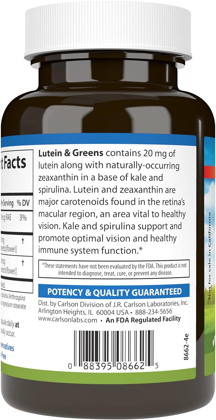 Carlson Lutein & Greens Capsules - 20 mg Antioxidant for Vision & Eye Function - 180 Vegetarian Capsules