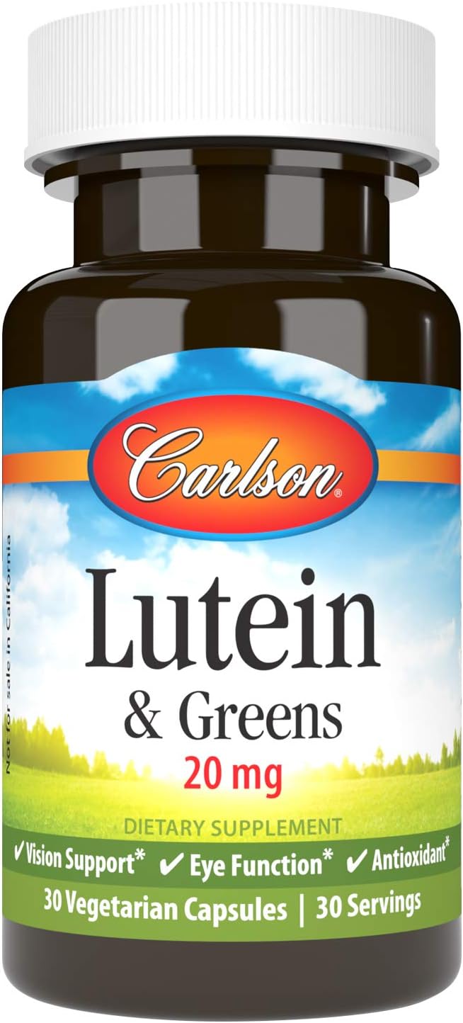 Carlson Lutein & Greens Capsules - 20mg for Vision Support, Eye Function, Antioxidant - 30 Vegetarian Capsules