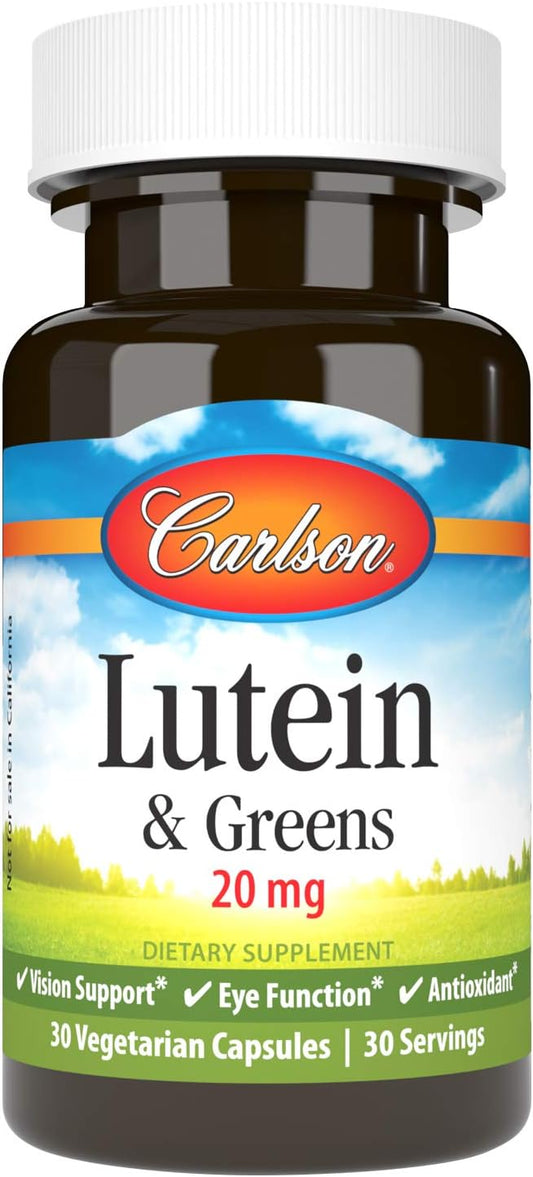 Carlson Lutein & Greens Capsules - 20mg for Vision Support, Eye Function, Antioxidant - 30 Vegetarian Capsules