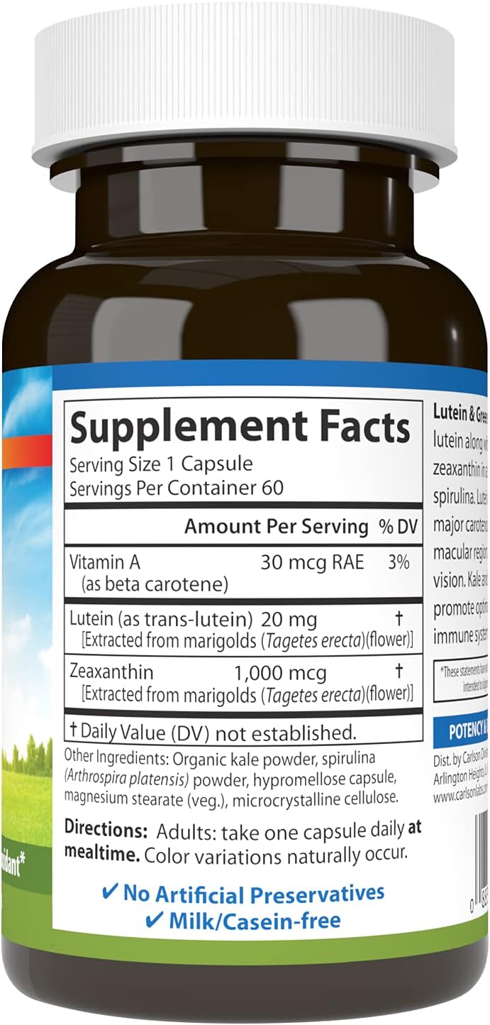 Carlson Lutein & Greens Capsules - 20mg for Vision Support, Eye Health, Antioxidant - 60 Vegetarian Capsules