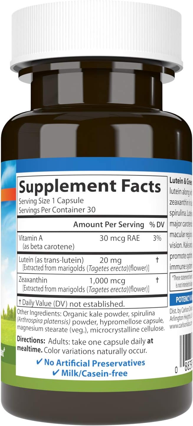 Carlson Lutein & Greens Capsules - 20mg for Vision Support, Eye Function, Antioxidant - 30 Vegetarian Capsules