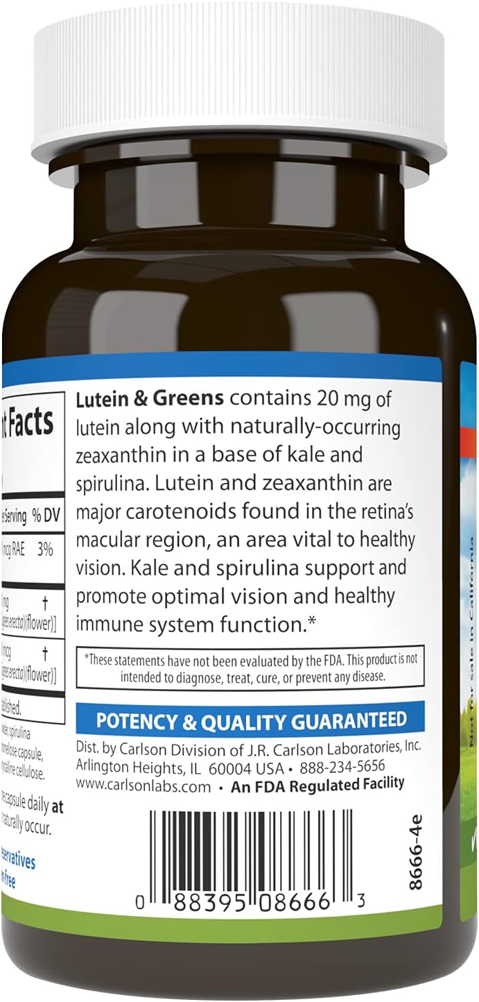 Carlson Lutein & Greens Capsules - 20mg for Vision Support, Eye Health, Antioxidant - 60 Vegetarian Capsules