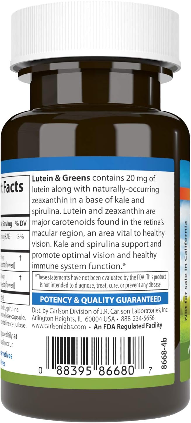 Carlson Lutein & Greens Capsules - 20mg for Vision Support, Eye Function, Antioxidant - 30 Vegetarian Capsules