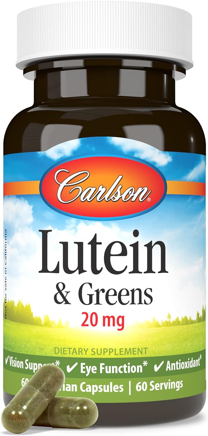 Carlson Lutein & Greens Capsules - 20mg for Vision Support, Eye Health, Antioxidant - 60 Vegetarian Capsules