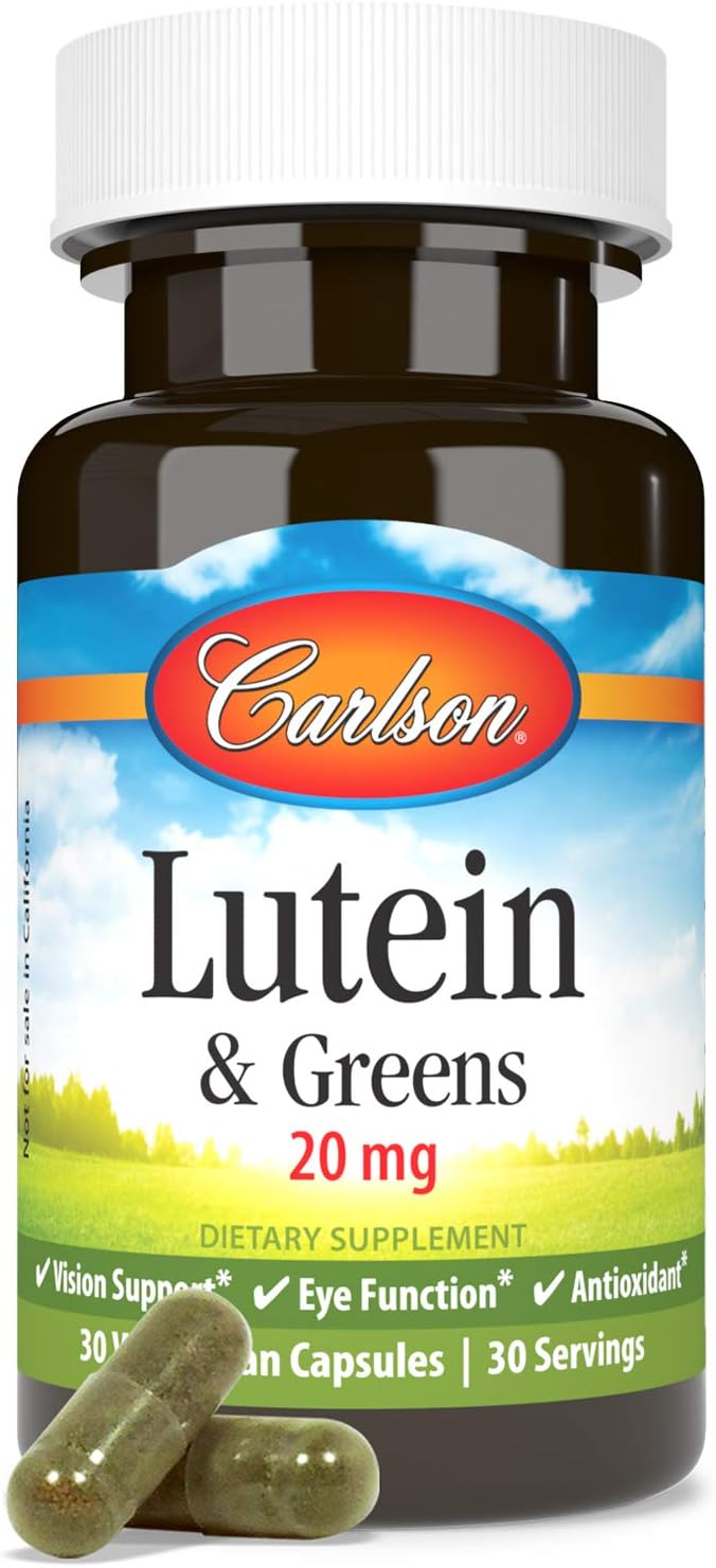 Carlson Lutein & Greens Capsules - 20mg for Vision Support, Eye Function, Antioxidant - 30 Vegetarian Capsules