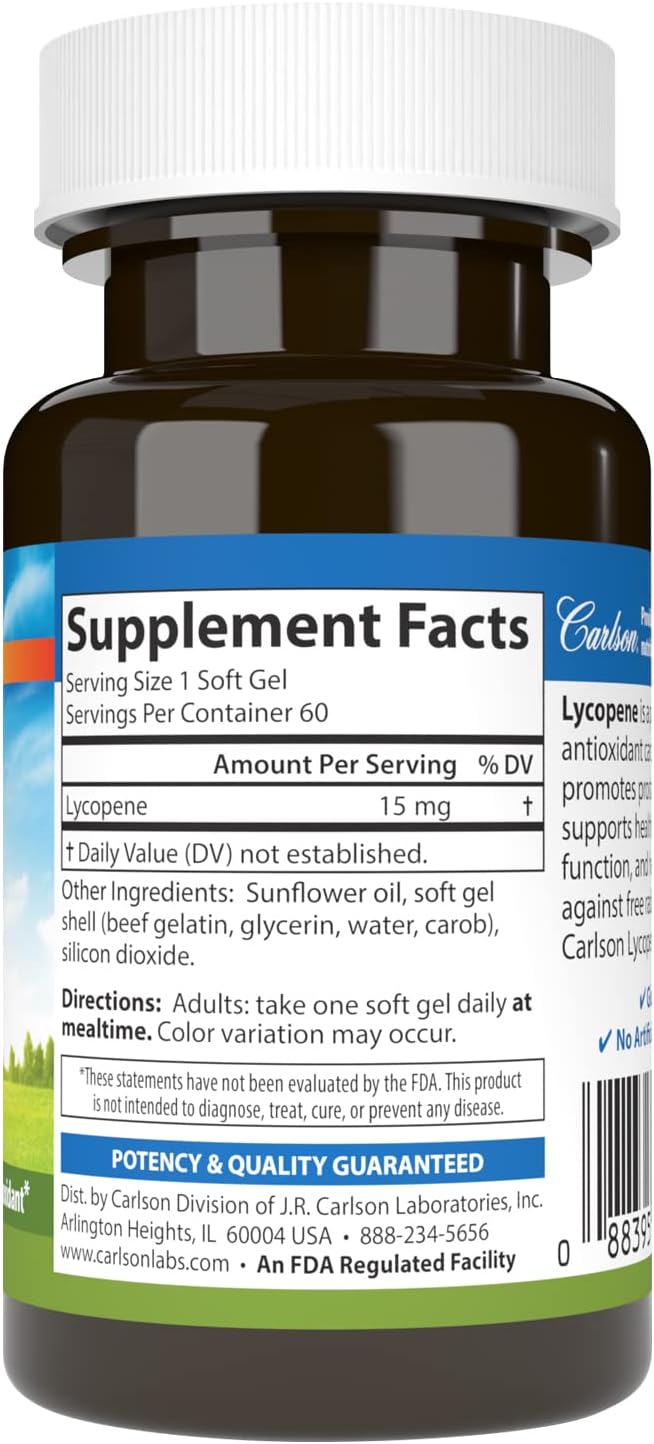 Carlson Lycopene Softgels 15mg for Prostate Health & Circulation - Tomato-Free Formula for Optimal Wellness - 60 Count