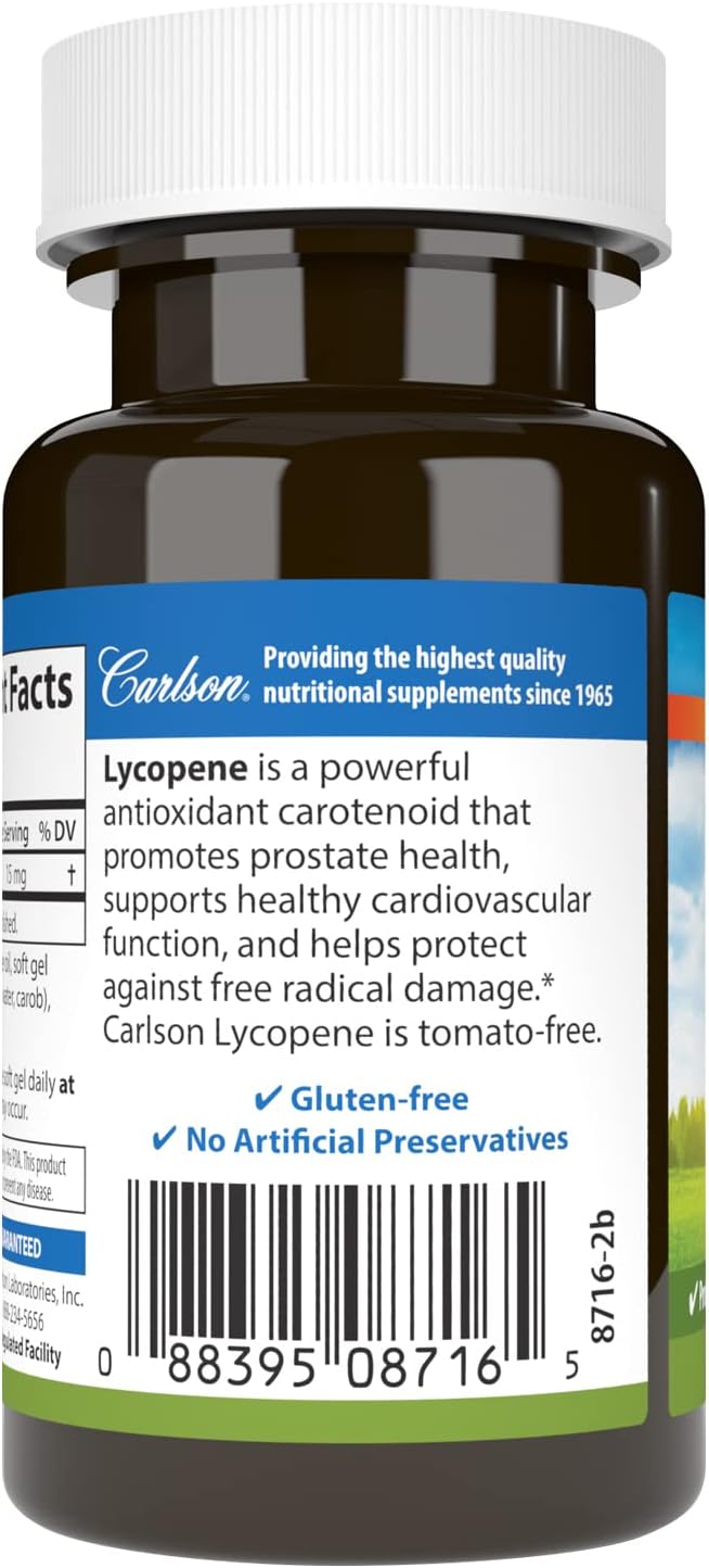 Carlson Lycopene Softgels 15mg for Prostate Health & Circulation - Tomato-Free Formula for Optimal Wellness - 60 Count