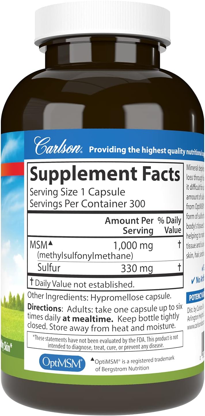 Carlson M-S-M Sulfur Capsules - 1000mg, Superior Bioavailability for Joint Function & Healthy Skin - 300 Vegetarian Capsules