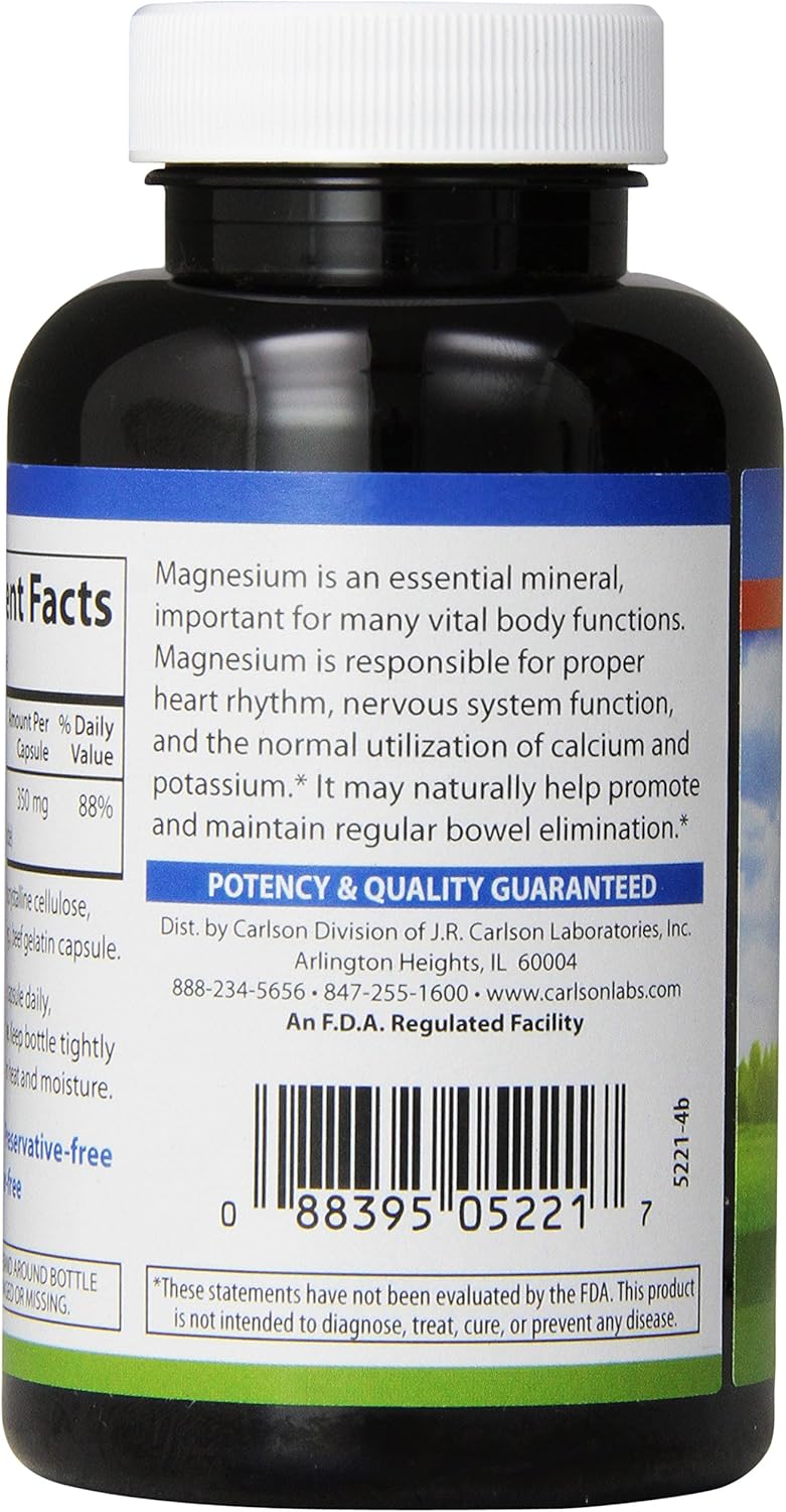 Carlson Magnesium 350 mg Capsules for Heart and Muscle Health - 90 Count