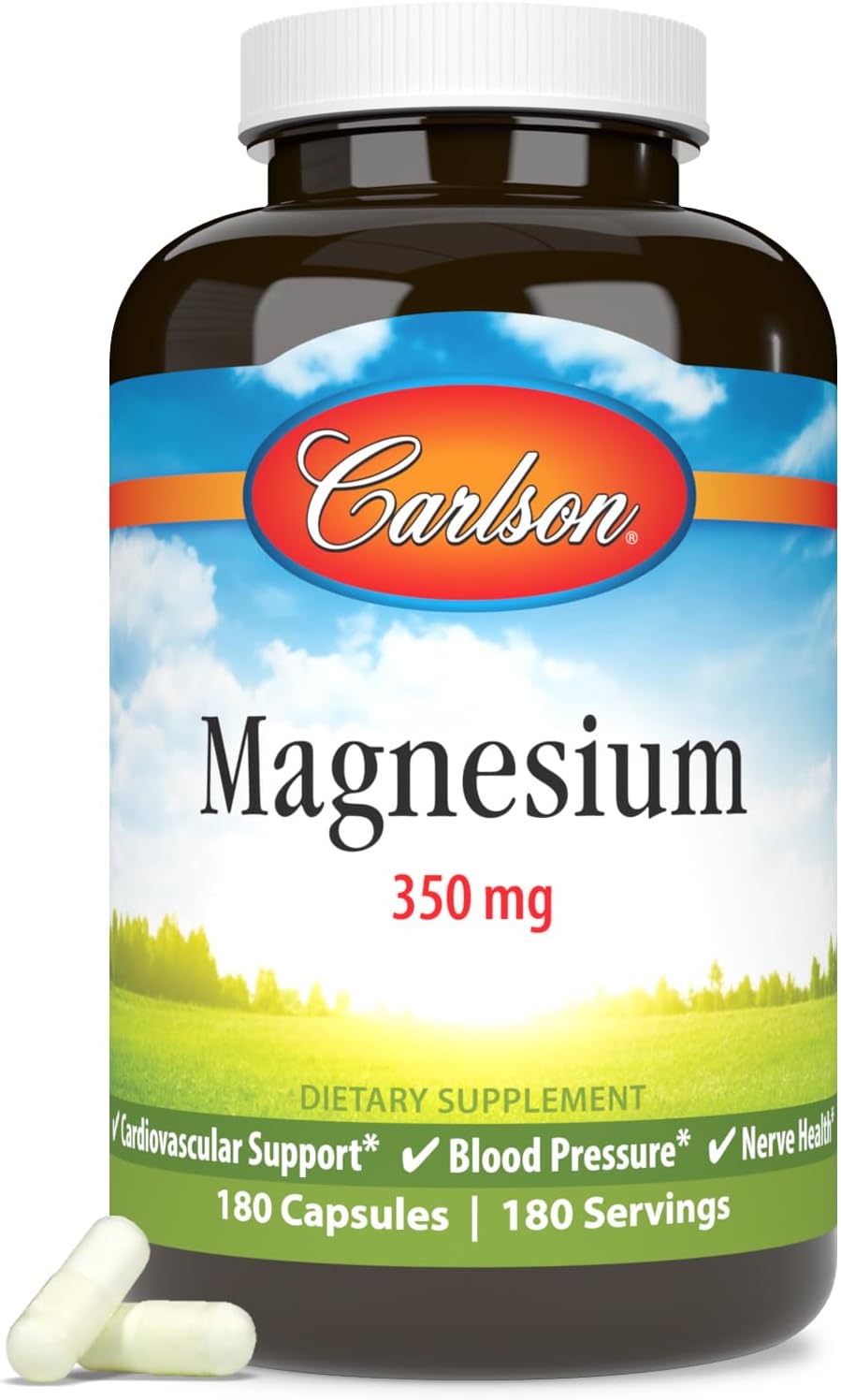 Carlson Magnesium Capsules - 350 mg for Cardiovascular, Muscles, and Nerve Health - 180 Count
