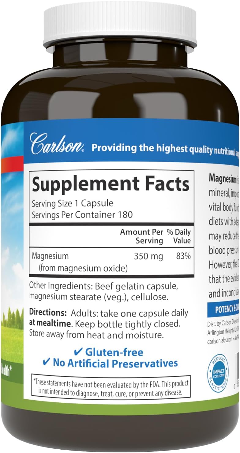Carlson Magnesium Capsules - 350 mg for Cardiovascular, Muscles, and Nerve Health - 180 Count